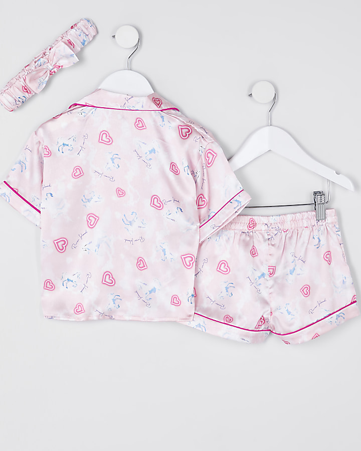 Mini girls pink unicorn satin pyjama set