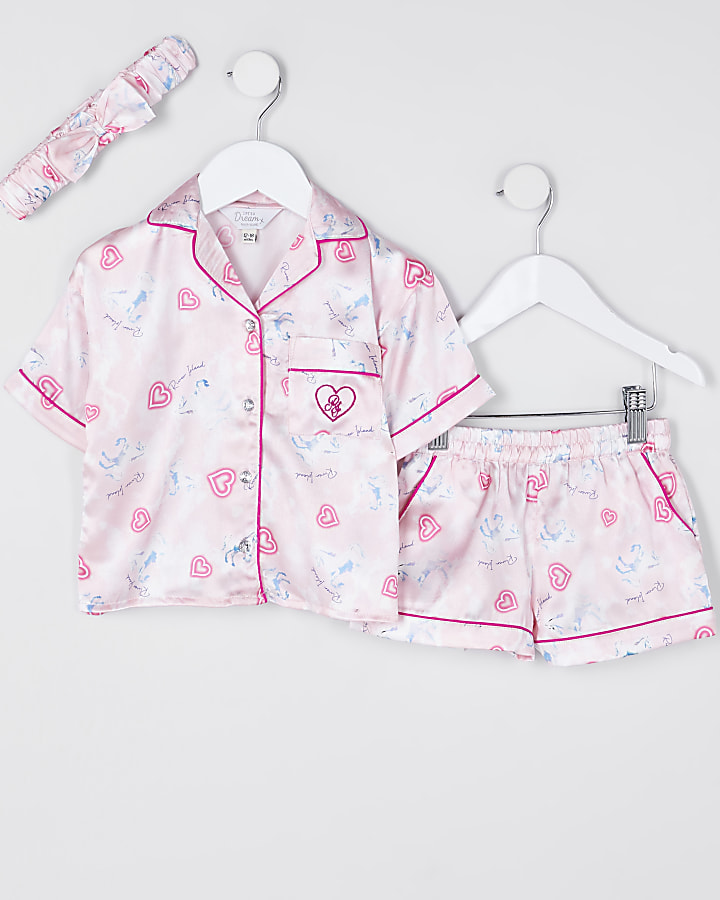 Mini girls pink unicorn satin pyjama set