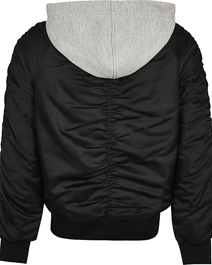 Girls black hooded ruched bomber jacket