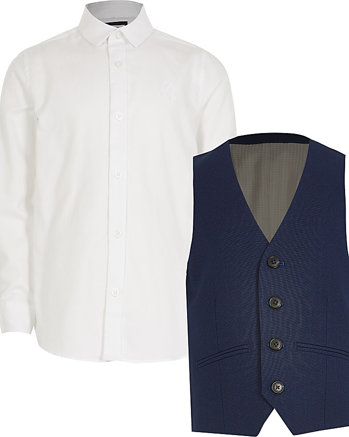 Boys blue pindot waistcoat and shirt set