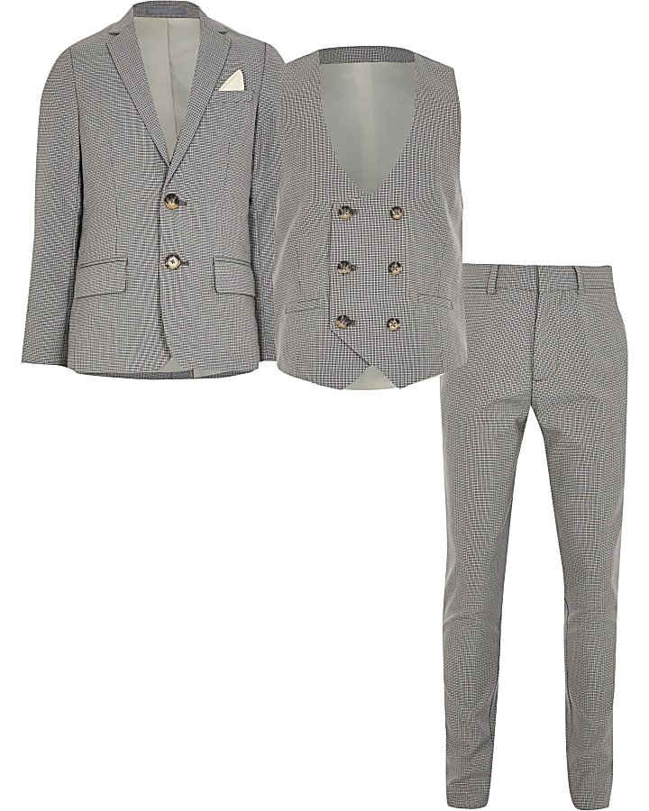 Boys grey check 3 piece suit