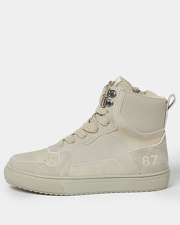 Boys stone faux leather high top trainers