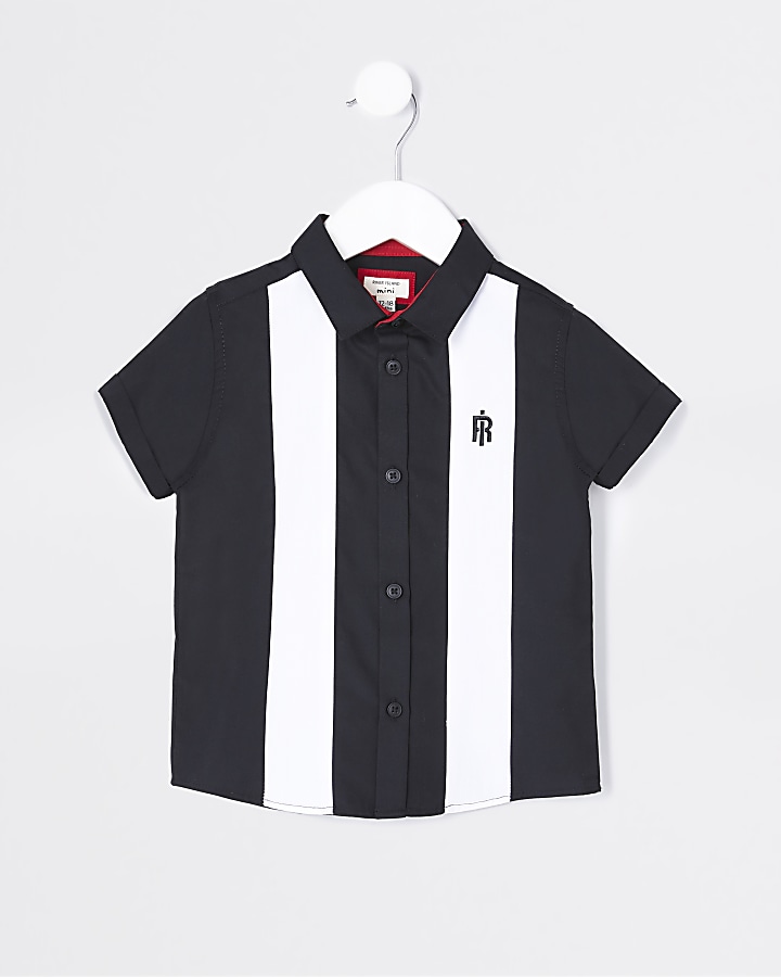 Mini boys black colour block bowling shirt
