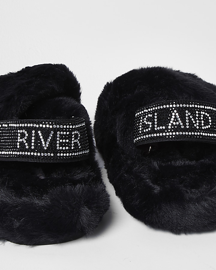 Girls black diamante faux fur slippers