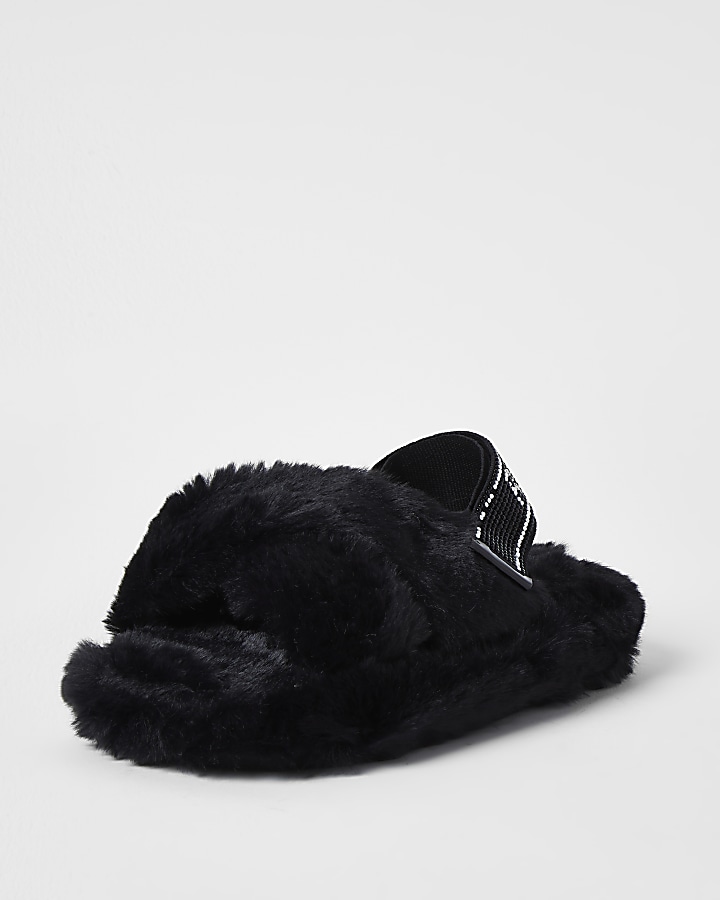 Girls black diamante faux fur slippers