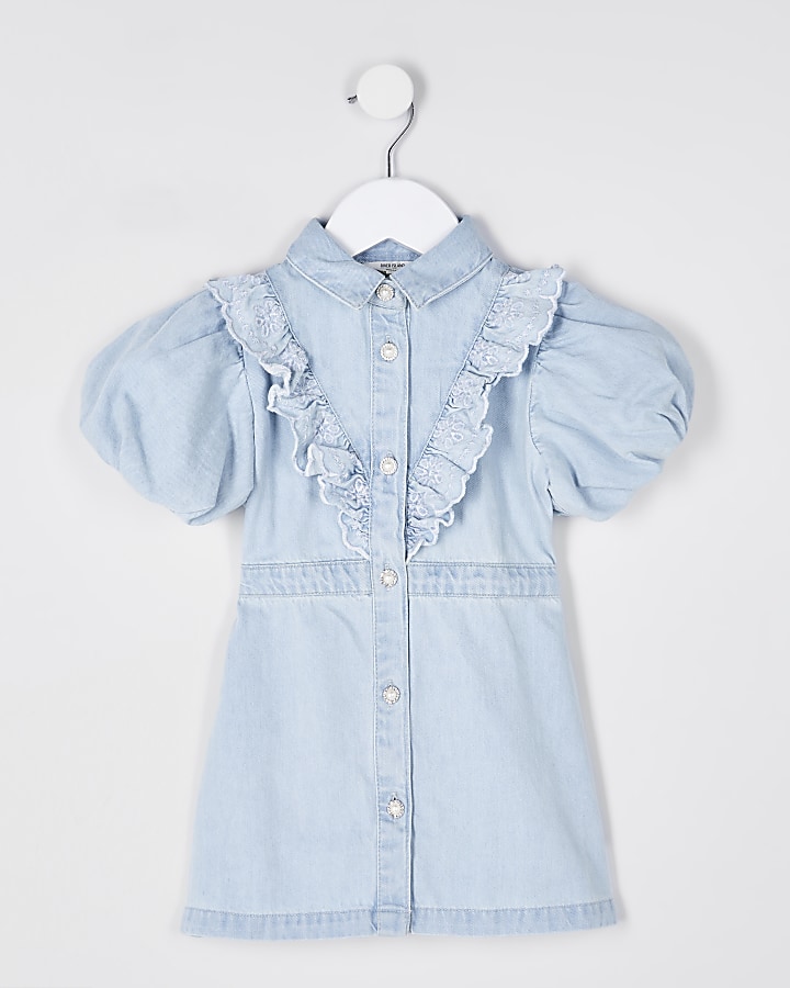 Mini girls denim bubble sleeve shirt dress