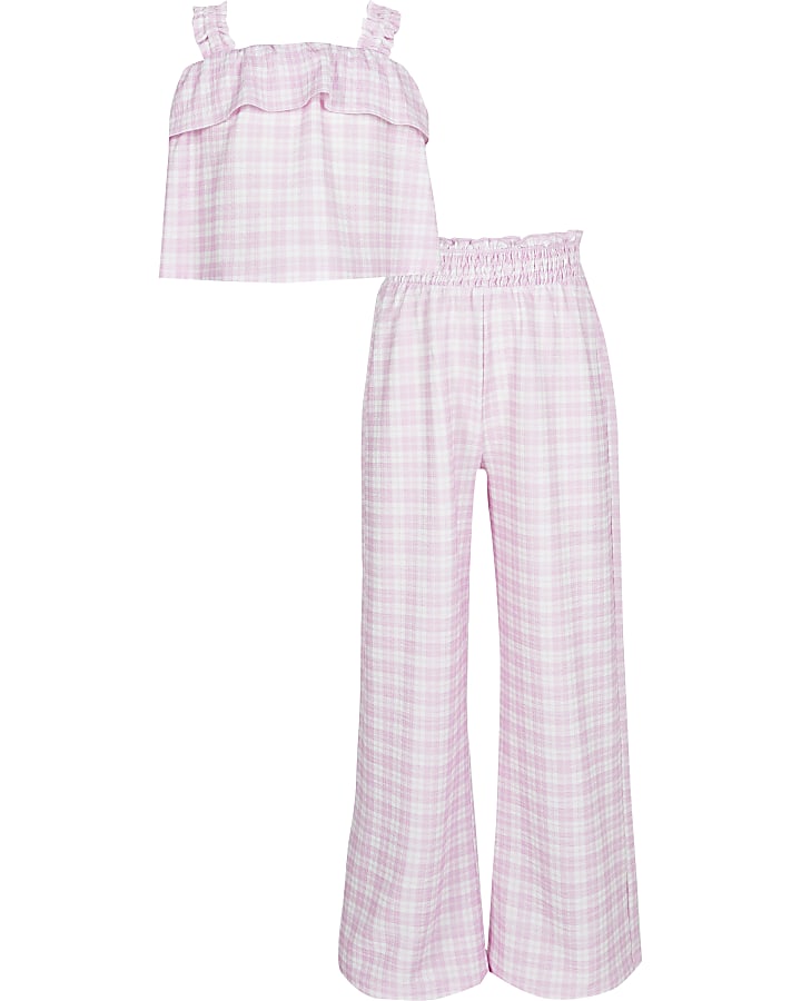Girls purple  gingham cami and trouser outfit