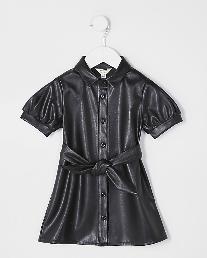 Mini girls black faux leather shirt dress