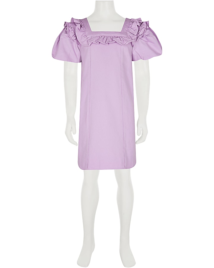 Girls purple bubble sleeve denim shirt dress