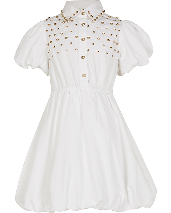Girls white studded shirt dress