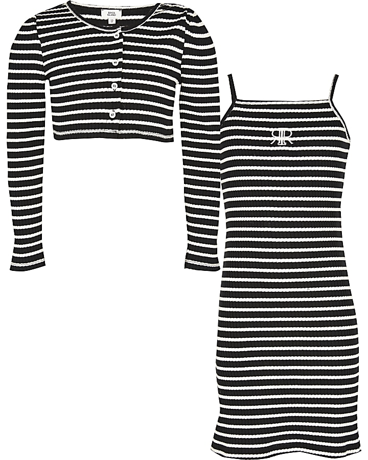 Girls black stripe dress with cardigan