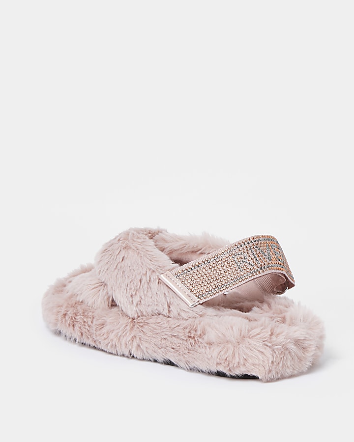 Girls pink  diamante faux fur slippers