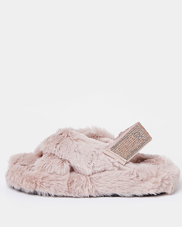 Girls pink  diamante faux fur slippers