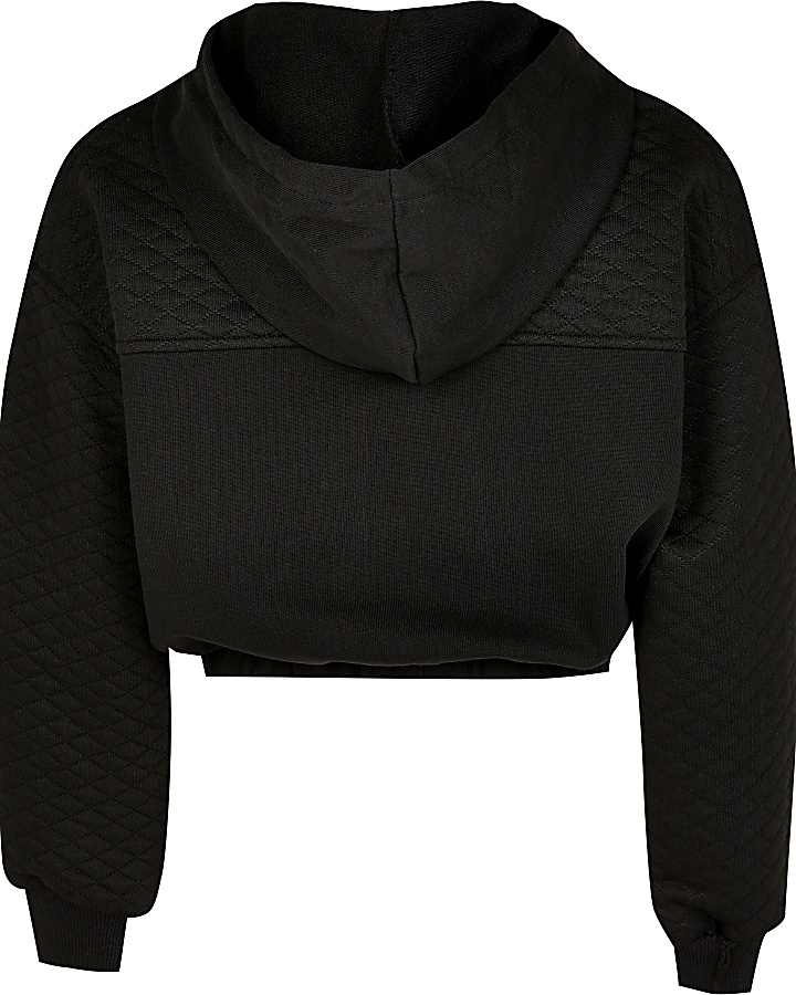 Girls black quilted cropped button hoodie