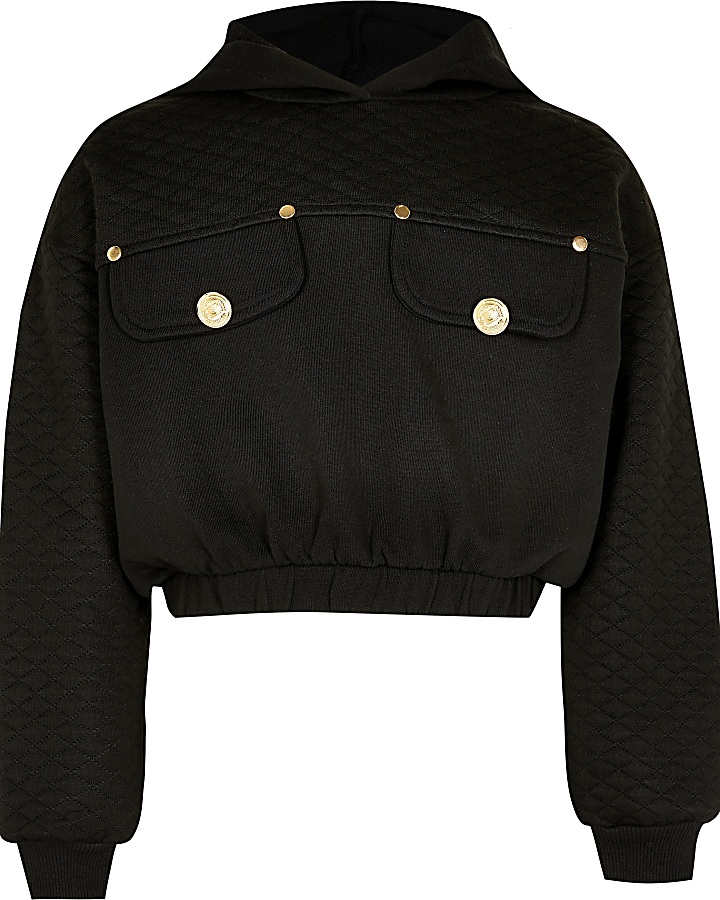 Girls black quilted cropped button hoodie