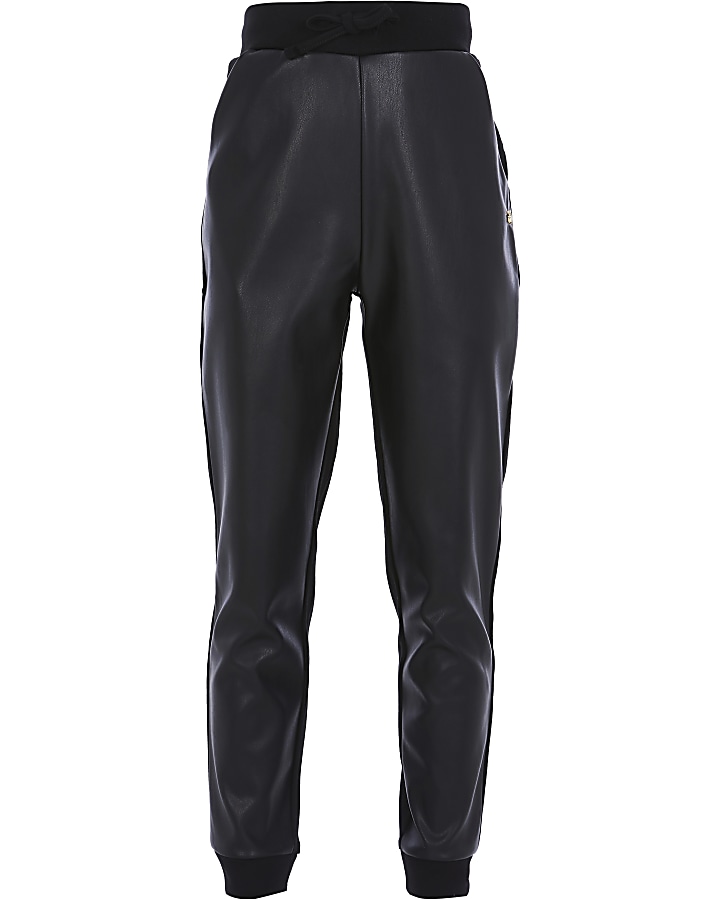 Girls black faux leather front joggers