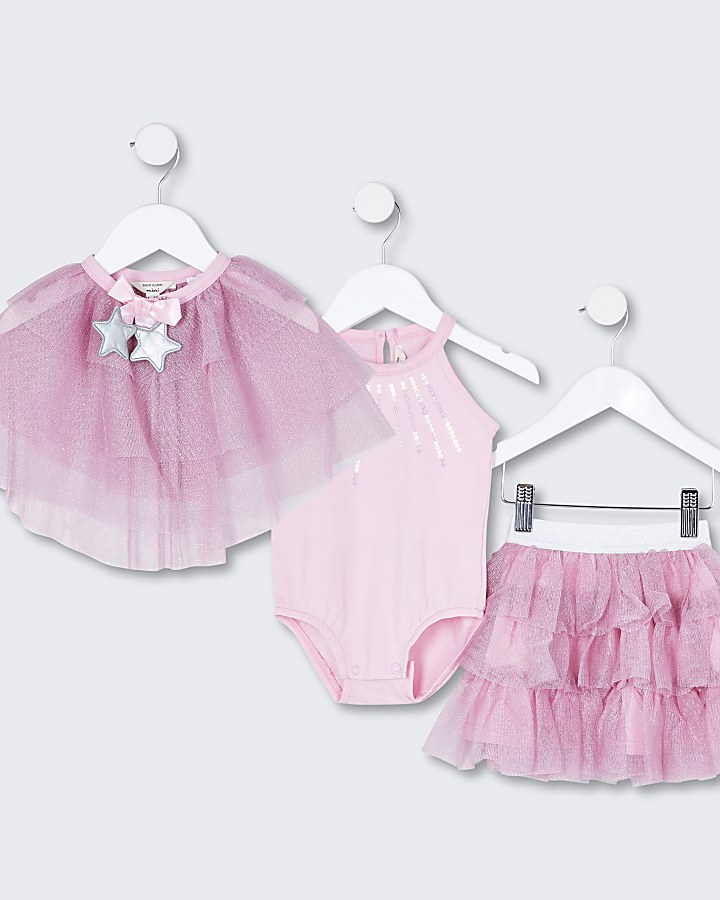 Mini girls pink tutu skirt and cape outfit