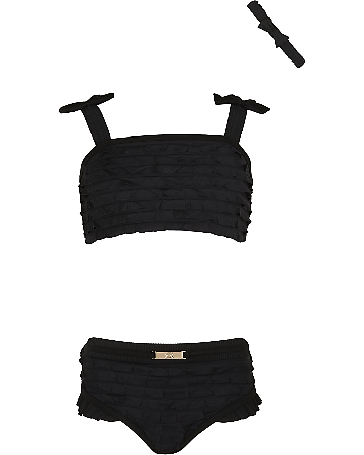 Girls black ruffle bikini set