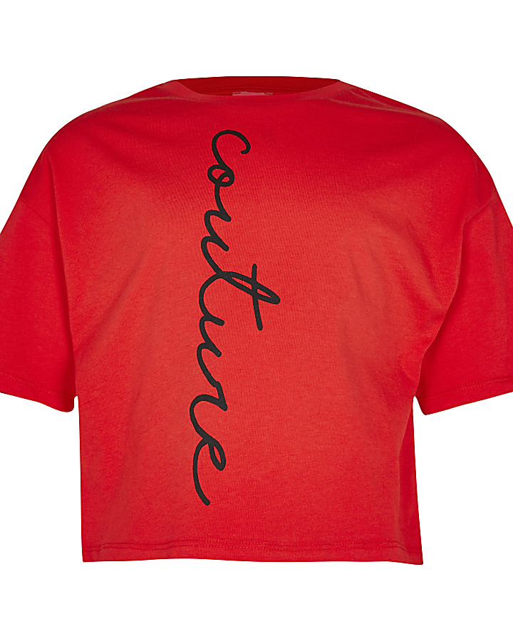 Girls red 'Couture' print t-shirt