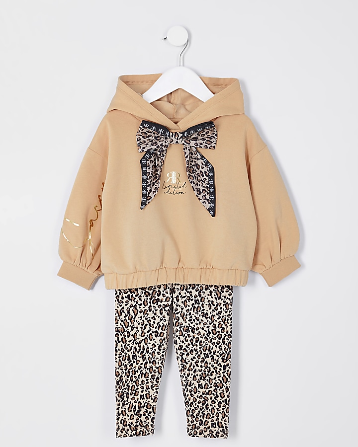 Mini girls beige leopard hoodie outfit