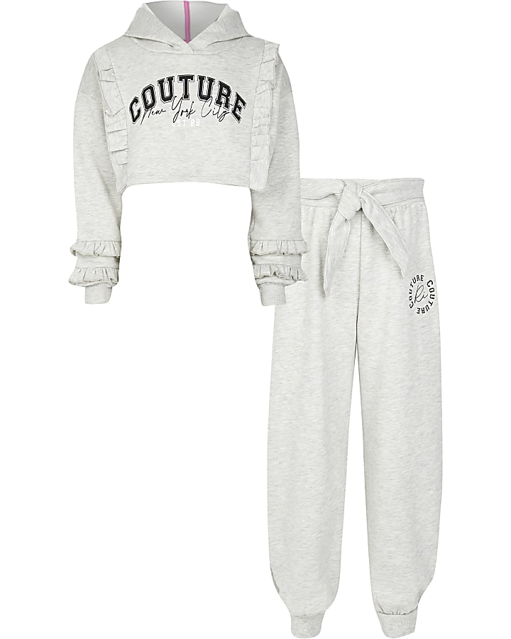 Girls grey 'Couture' print hoodie outfit