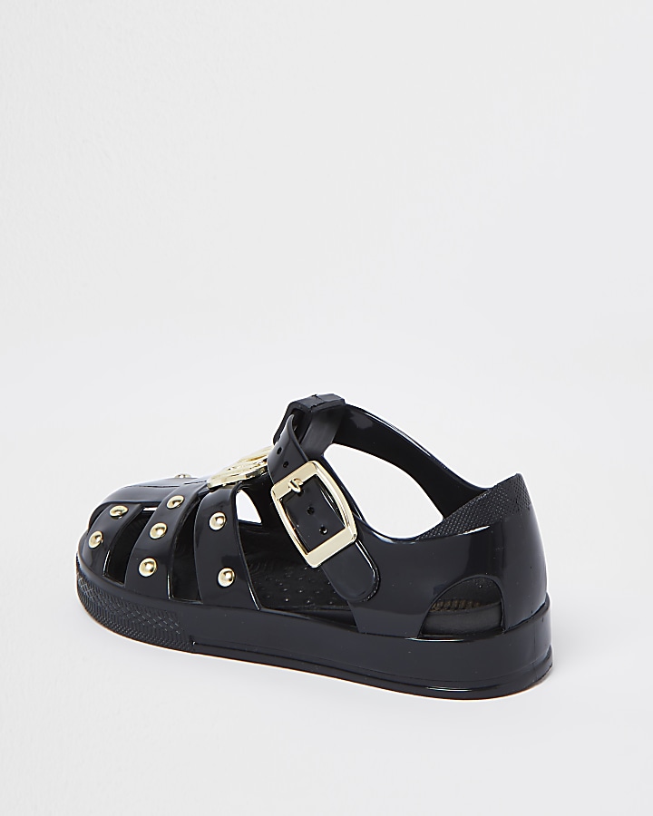 Mini girls black studded caged jelly sandals