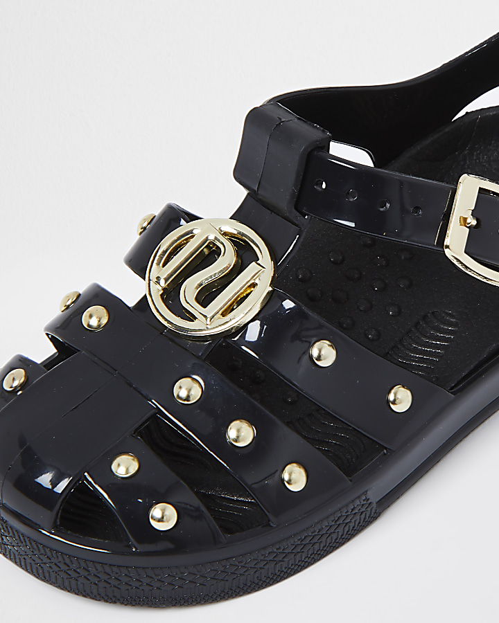 Mini girls black studded caged jelly sandals