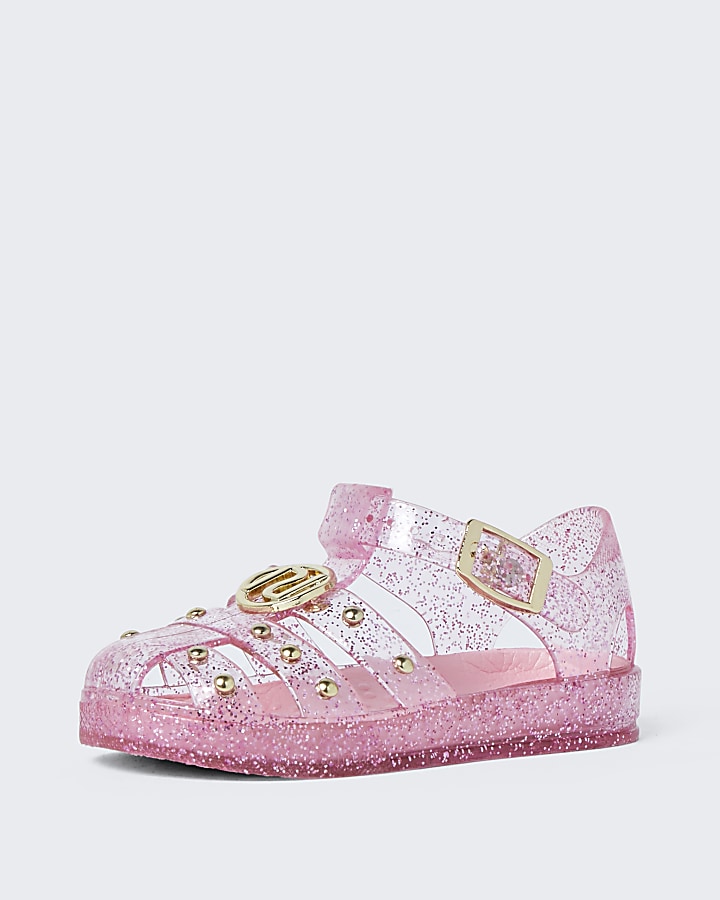 Mini girls pink studded caged jelly sandals