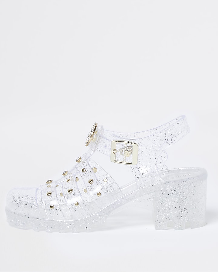 Girls white caged jelly heeled sandals