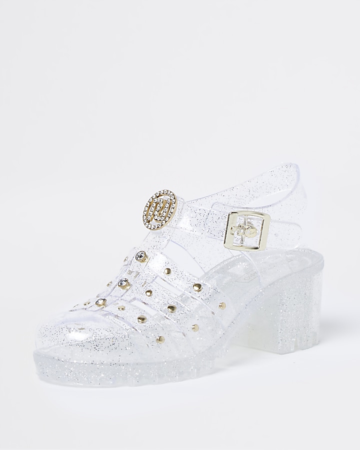 Girls white caged jelly heeled sandals