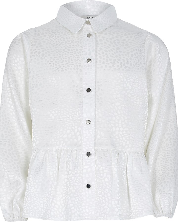 Girls white jacquard peplum hem shirt