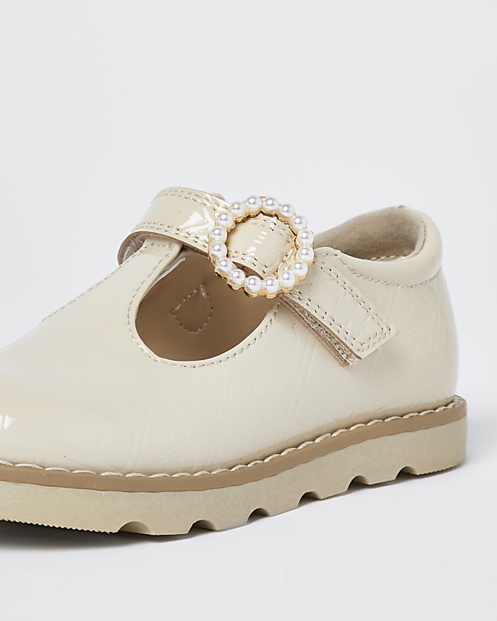 Mini girls cream patent real leather shoe