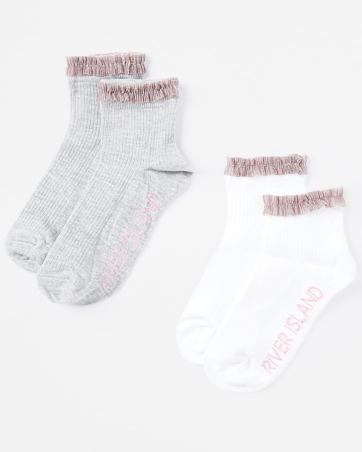 Girls grey and pink  frill ankle socks 2 pack