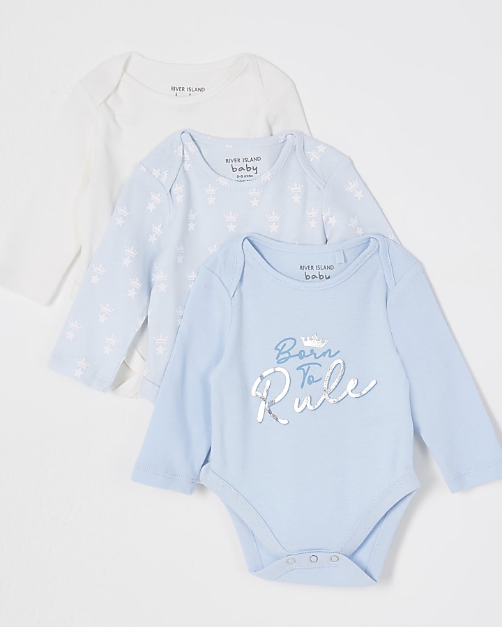 Baby blue crown print babygrows 3 pack
