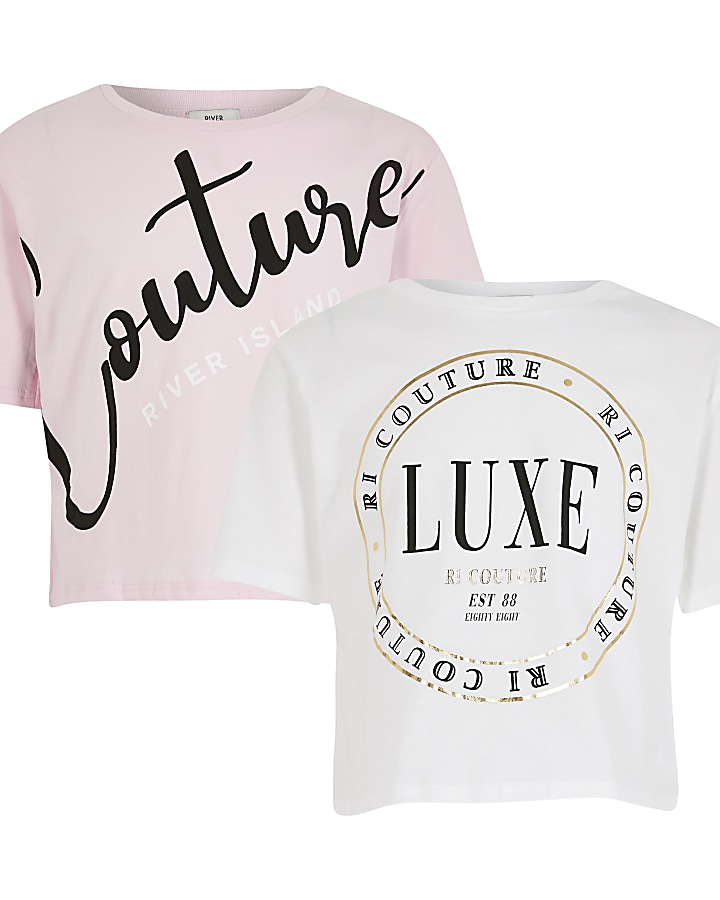 Girls pink 'Couture' print t-shirts 2 pack