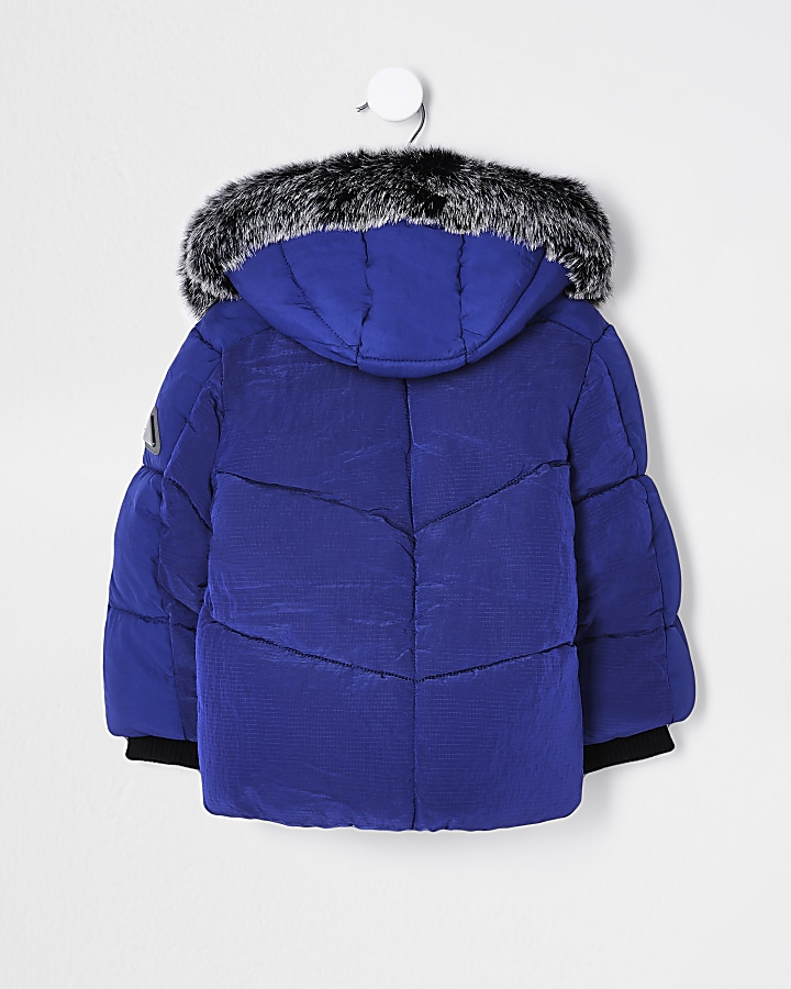 Mini boys blue faux fur hooded padded coat
