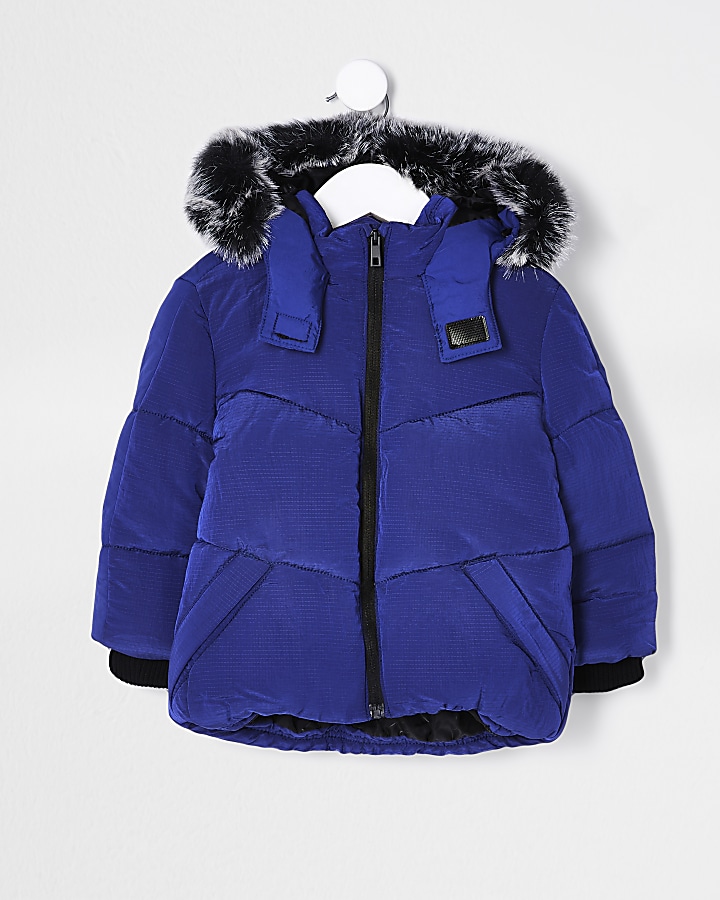 Mini boys blue faux fur hooded padded coat