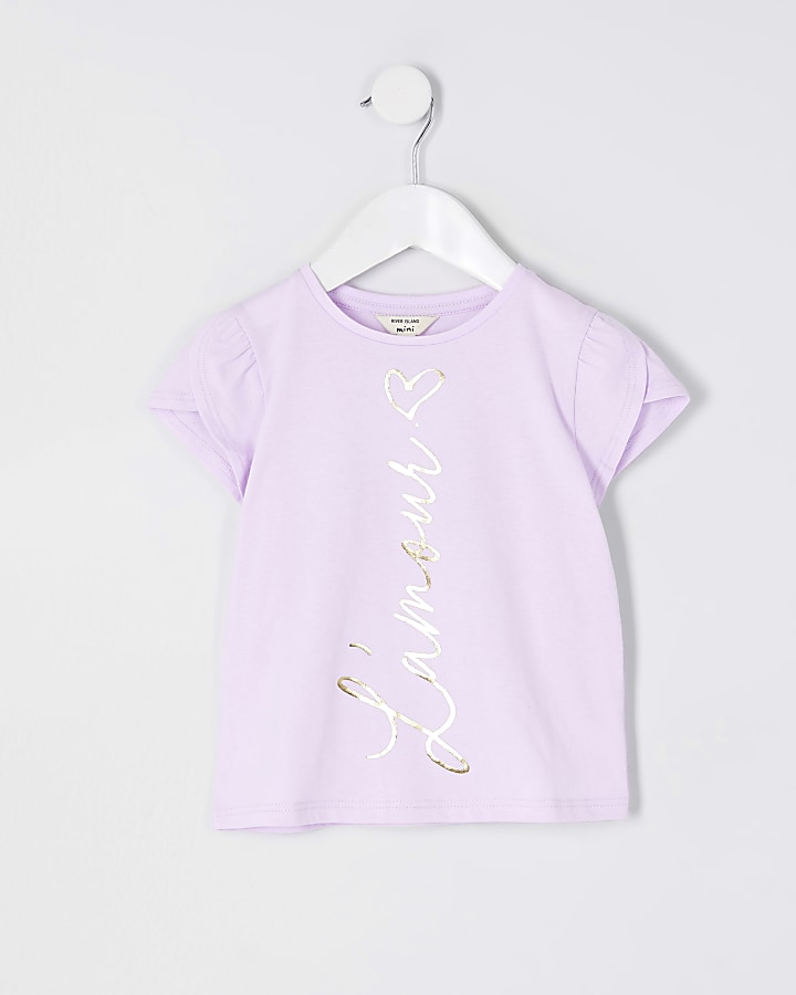 Mini girls purple 'L'amour' print t-shirt