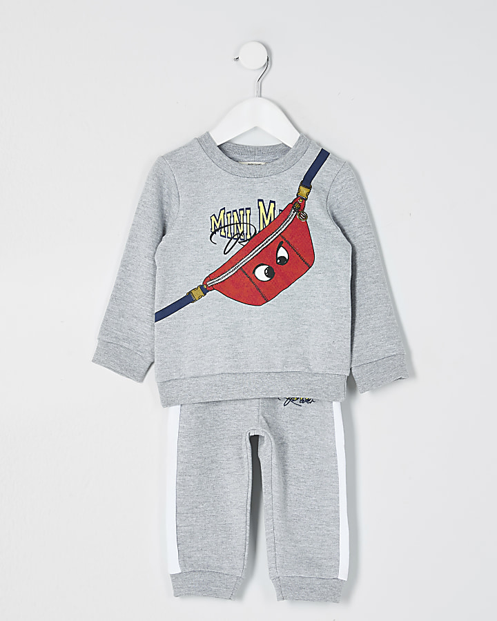 Mini boys grey bag print sweat outfit