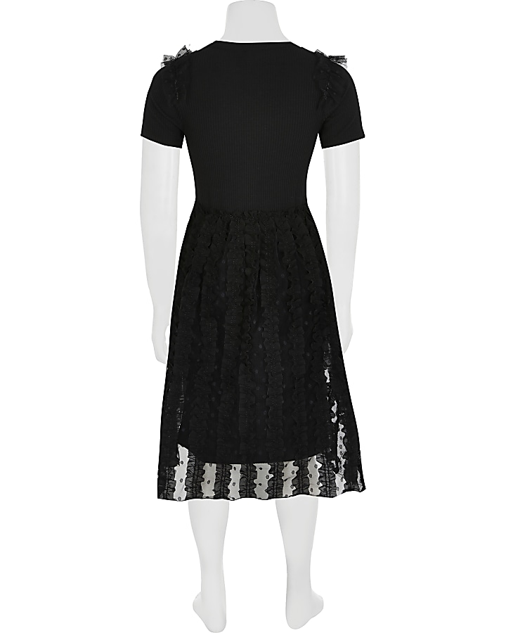 Girls black tulle lace midi dress