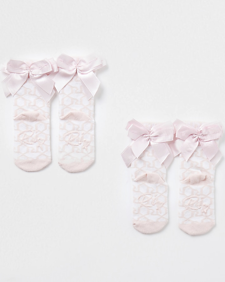 Mini girls pink monogram bow socks 2 pack