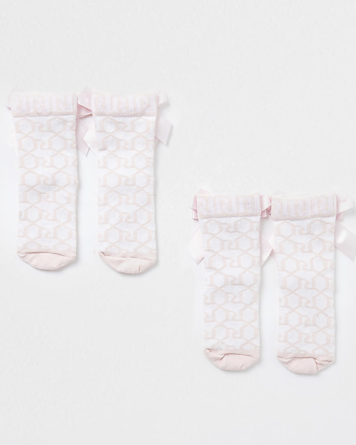 Mini girls pink monogram bow socks 2 pack