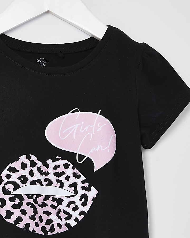 Mini girls black leopard lips t-shirt