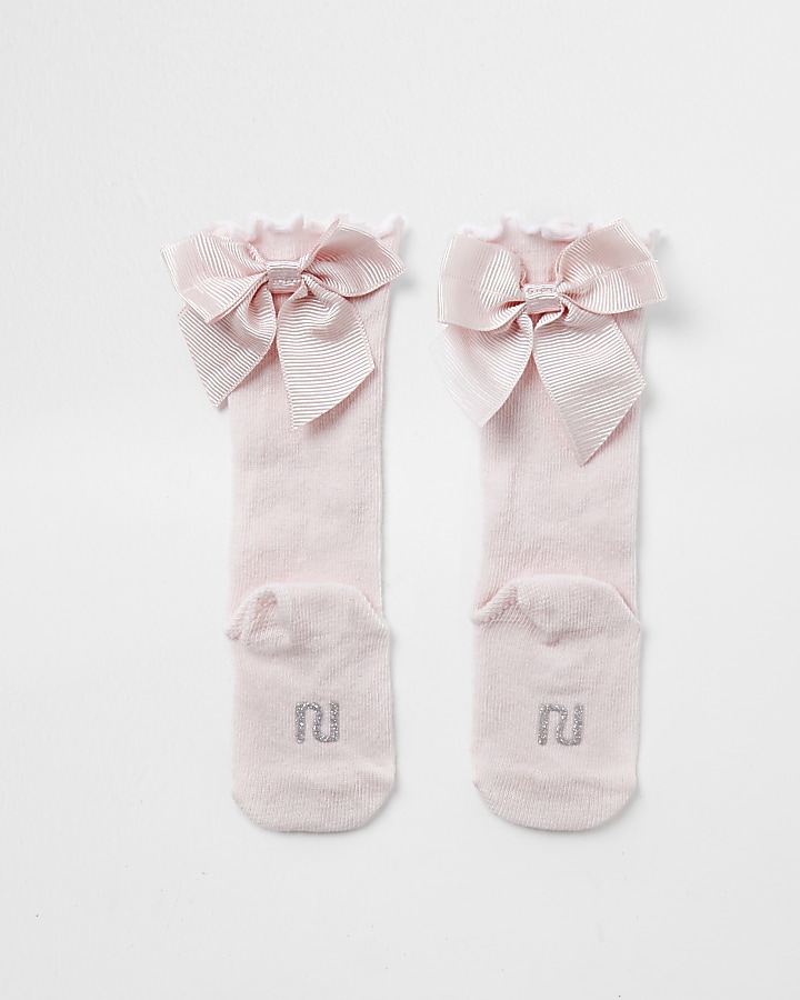 Baby pink knee high bow socks