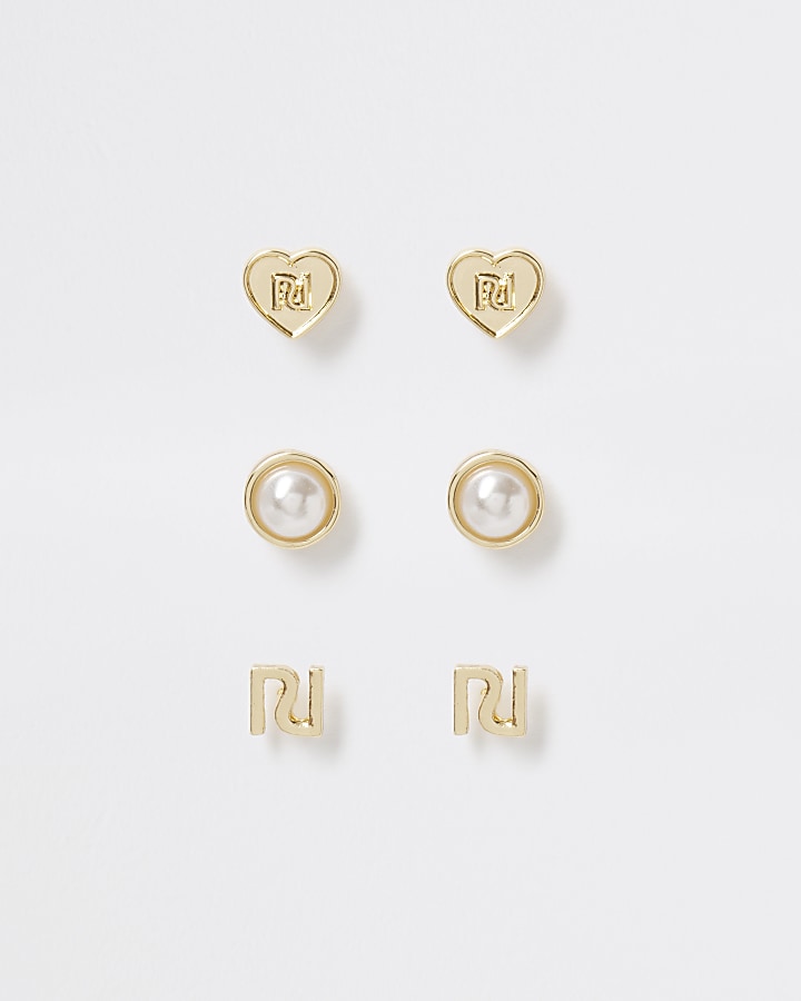 Gold tone pearl heart stud earrings 3 pack