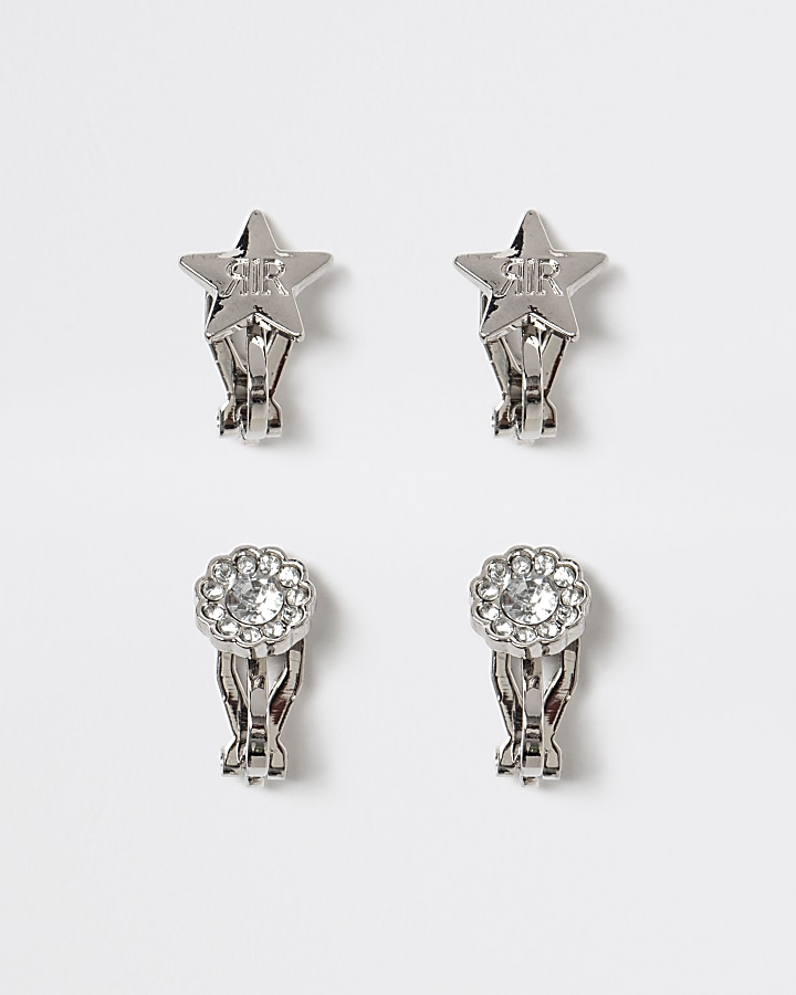 Silver tone star clip on earrings 2 pack