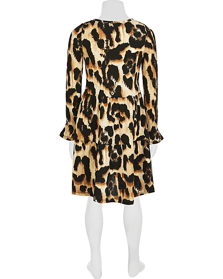 Girls brown leopard print smock dress