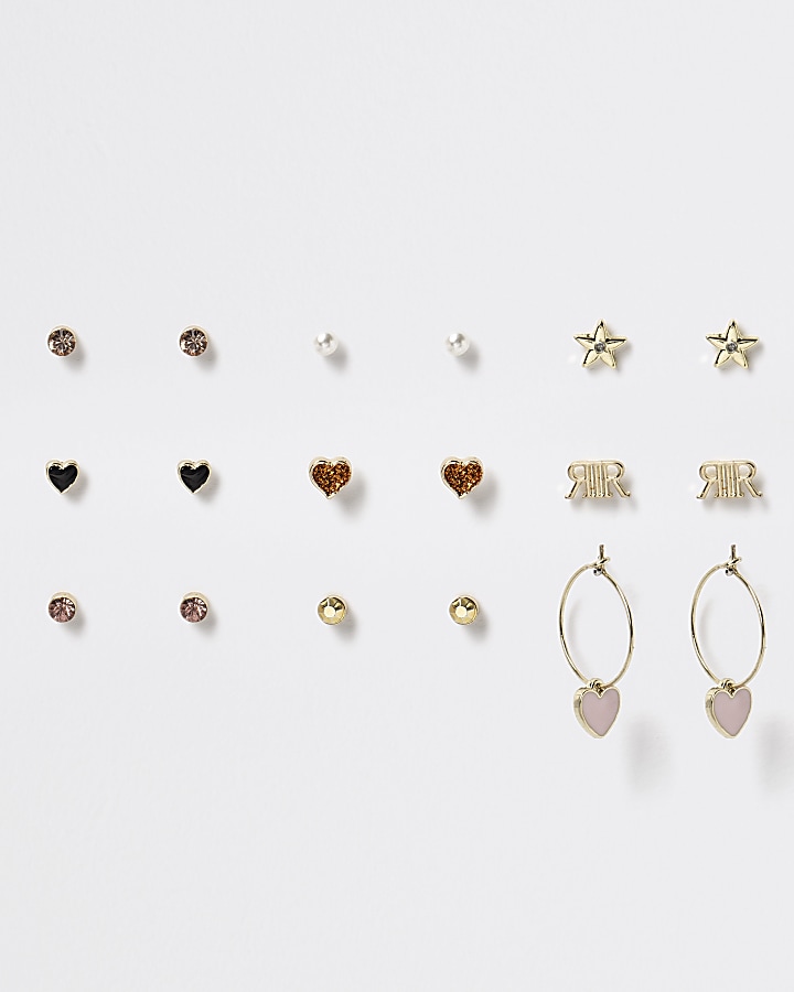 Girls gold heart logo earrings 9 pack