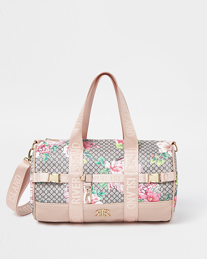 Girls pink RI monogram floral holdall bag