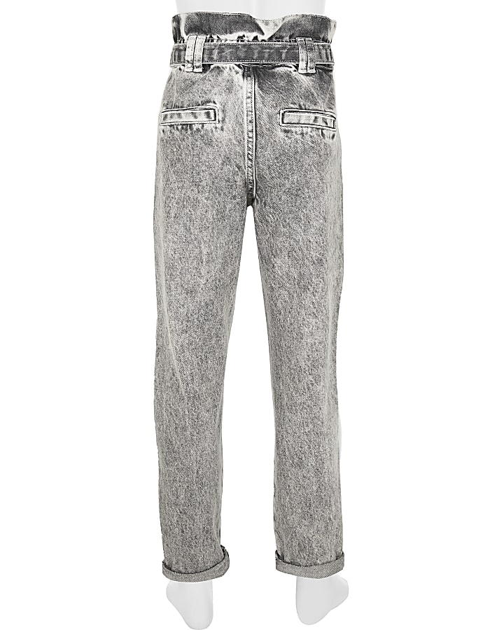 Girls grey ripped paperbag jeans